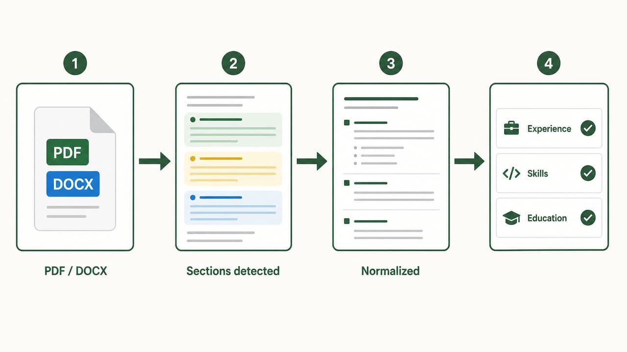 ATS parsing workflow from upload to structured resume extraction